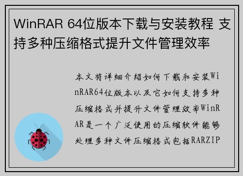WinRAR 64位版本下载与安装教程 支持多种压缩格式提升文件管理效率