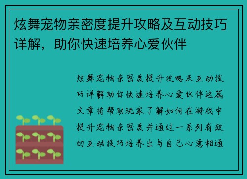 炫舞宠物亲密度提升攻略及互动技巧详解，助你快速培养心爱伙伴